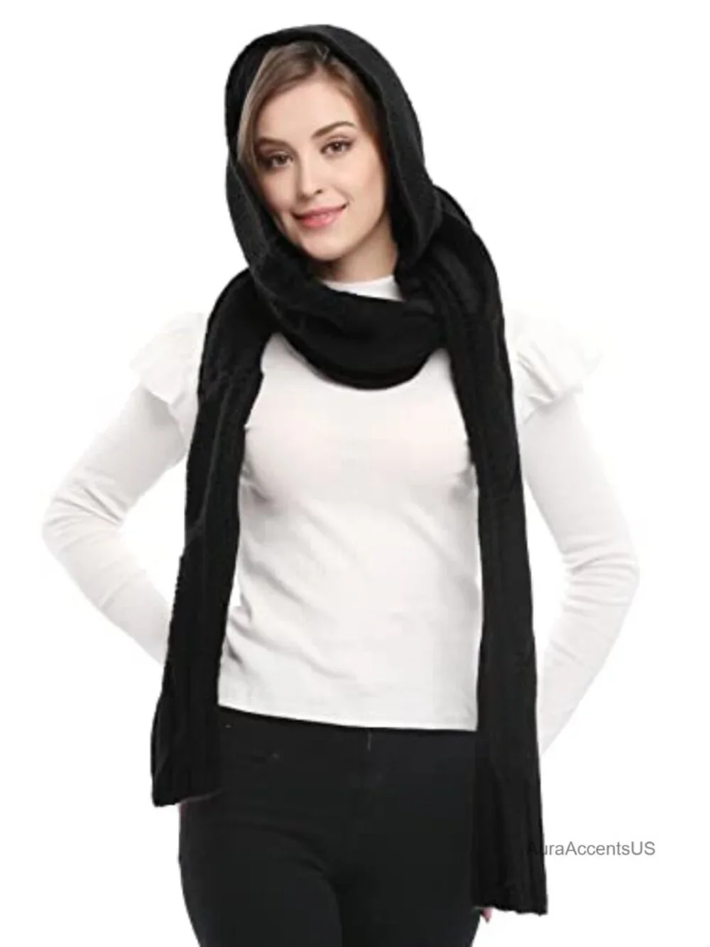 Wool Knit Hooded Scarf Wrap 3-in-1 Winter Headscarf